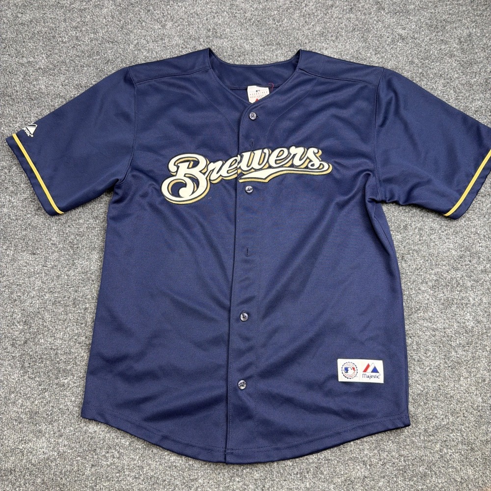 Milwaukee Brewers Carlos Lee #45 Majestic MLB Jersey Medium Navy Blue